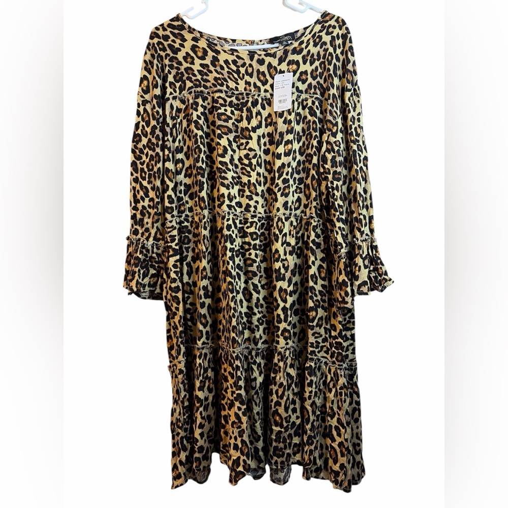 Suzanne Betro Leopard Print Midi Dress NWT Plus Size 1X Tiered Boho Long Sleeve